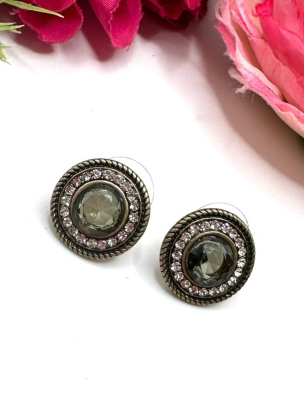 Marlyn Schiff Smoky Crystal and Pink Halo Round Stud Earrings